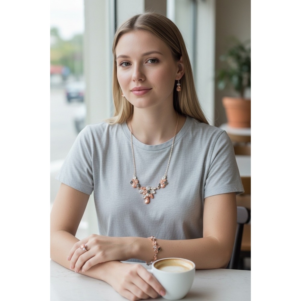 Paparazzi Rose Gold Peach Iridescent Rhinestone Necklace Earring Bracelet Ring - Picture 2 of 4
